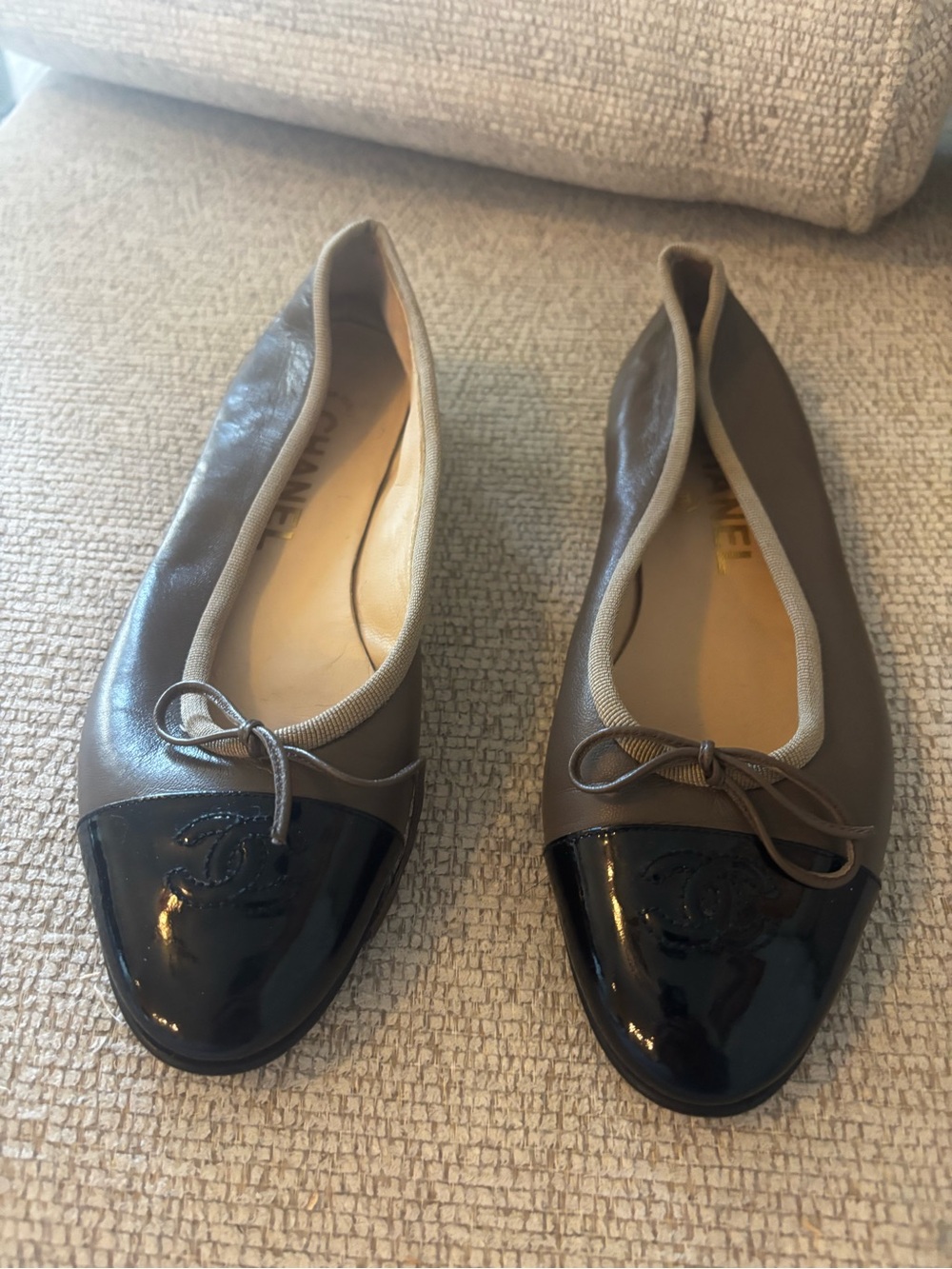 CHANEL Taupe Leather Ballet Flats with Black Patent Cap Toe